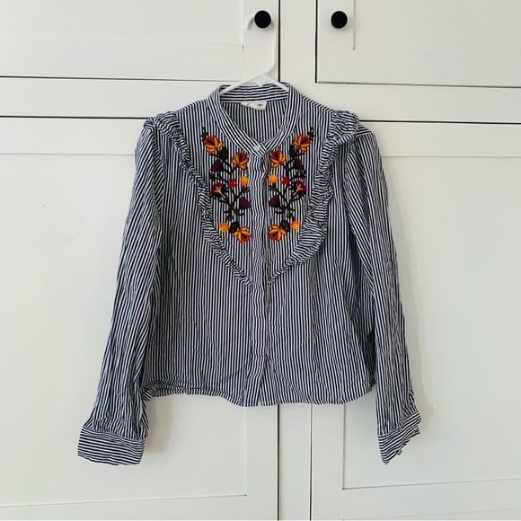 Dance & Marvel Blue Stripe Floral Embroidered Ruffle Long Sleeve Button Top L - Picture 2 of 13